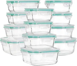 Glass Food Storage Containers with Lids, [24 Piece] Glass Meal Prep Containers, Airtight Glass Bento Boxes, BPA Free & Leak Proof (12 lids & 12 Containers) - Blue