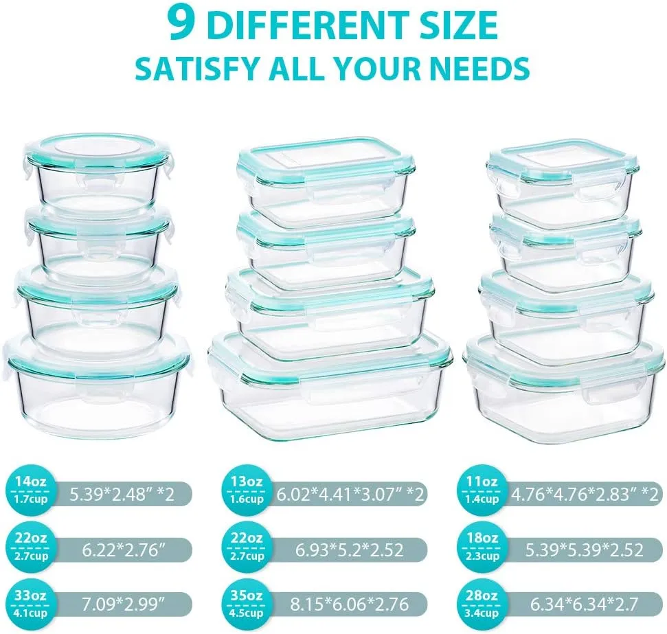 Glass Food Storage Containers with Lids, [24 Piece] Glass Meal Prep Containers, Airtight Glass Bento Boxes, BPA Free & Leak Proof (12 lids & 12 Containers) - Blue