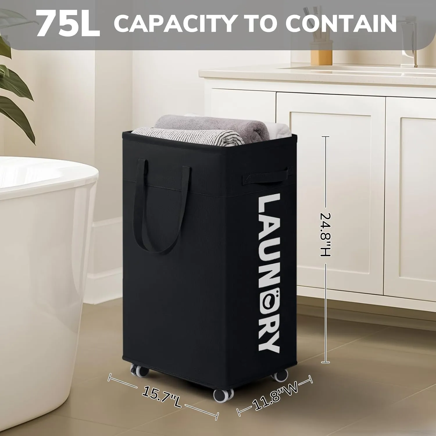 Goodpick Laundry Hamper with Wheels, 75L Dirty Clothes Hamper with Removable Wash Bag for Laundry Room, Black Rolling Laundry Basket