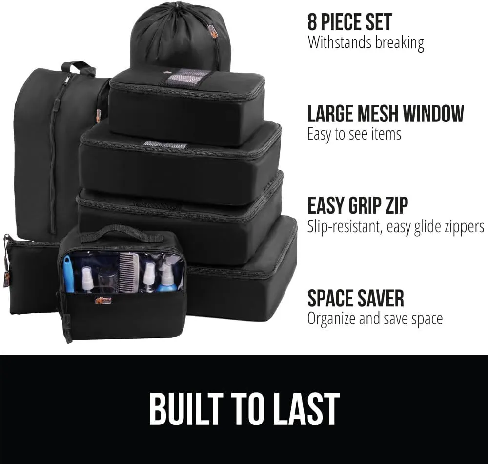 GORILLA GRIP 8 Set Packing Cubes, Travel Essentials for Suitcase, Mesh Organizer Bags for Clothes Toiletries Shoes and Laundry, Luggage and Carry On Airplane Accessories, Traveling Must Haves Black