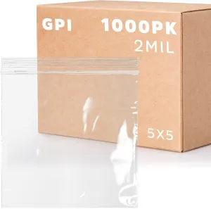 GPI - Case of 1000 5" X 5" Clear Plastic Reclosable Zip Bags - Bulk 2 Mil Thick Strong & Durable Poly Baggies with Resealable Zip Top Lock for Travel, Storage, Packaging & Shipping.