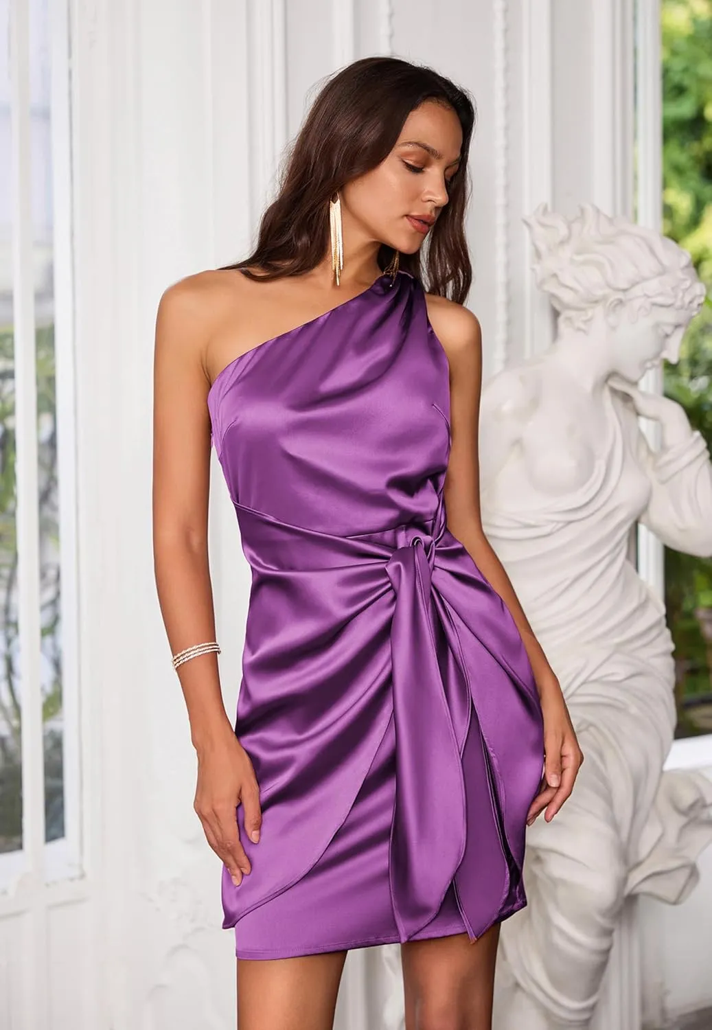 GRACE KARIN 2025 Women Satin Dress Cocktail One Shoulder Sleeveless Tie Waist Party Mini Dresses