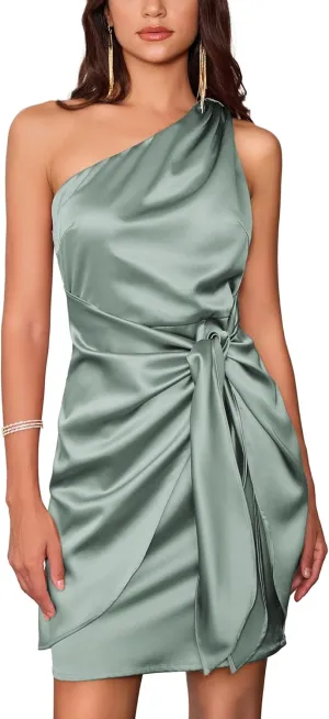 GRACE KARIN 2025 Women Satin Dress Cocktail One Shoulder Sleeveless Tie Waist Party Mini Dresses