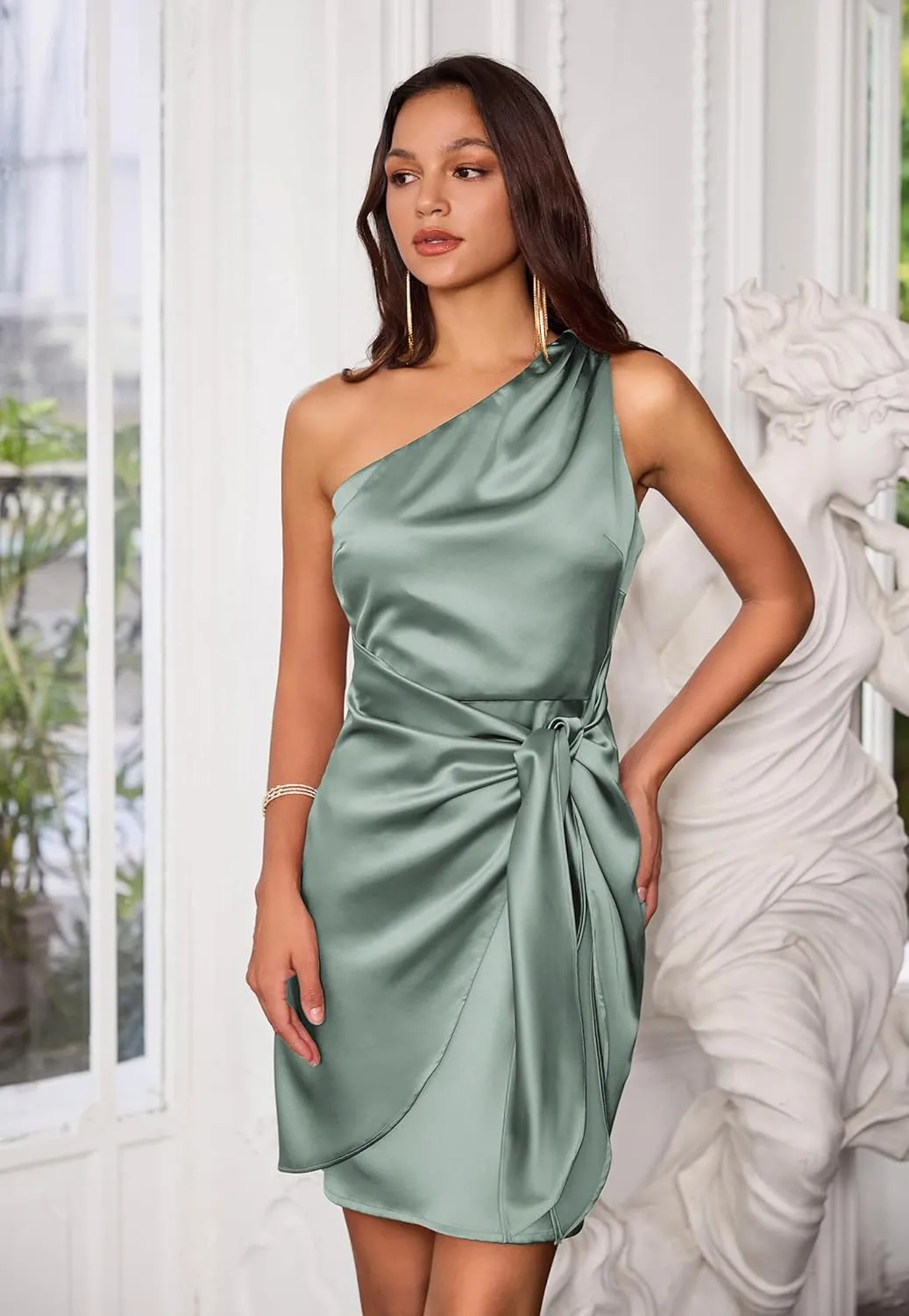 GRACE KARIN 2025 Women Satin Dress Cocktail One Shoulder Sleeveless Tie Waist Party Mini Dresses