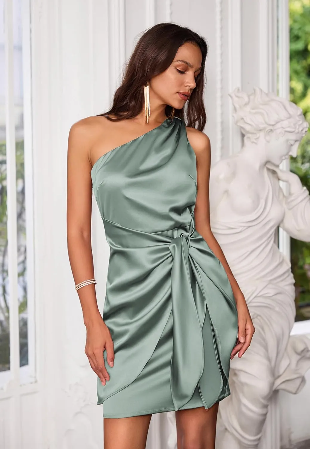 GRACE KARIN 2025 Women Satin Dress Cocktail One Shoulder Sleeveless Tie Waist Party Mini Dresses