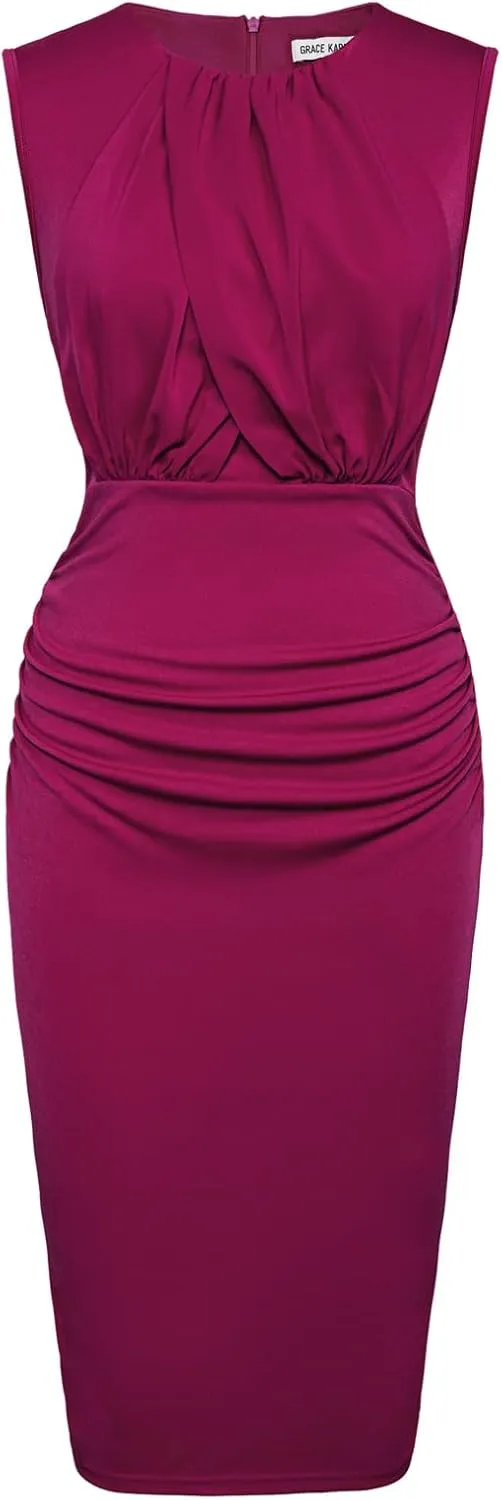 GRACE KARIN Women's Ruched Bodycon Dress Summer Sleeveless Front Drape Patchwork Crew Neck Midi Cocktail Dress