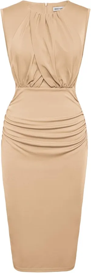 GRACE KARIN Women's Ruched Bodycon Dress Summer Sleeveless Front Drape Patchwork Crew Neck Midi Cocktail Dress