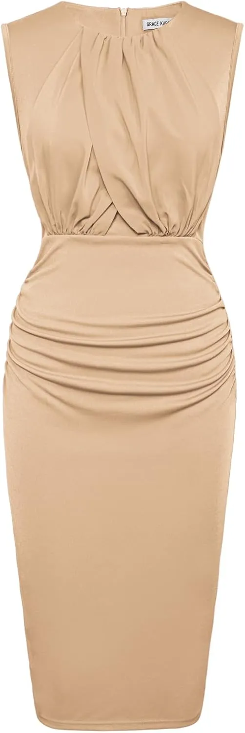 GRACE KARIN Women's Ruched Bodycon Dress Summer Sleeveless Front Drape Patchwork Crew Neck Midi Cocktail Dress