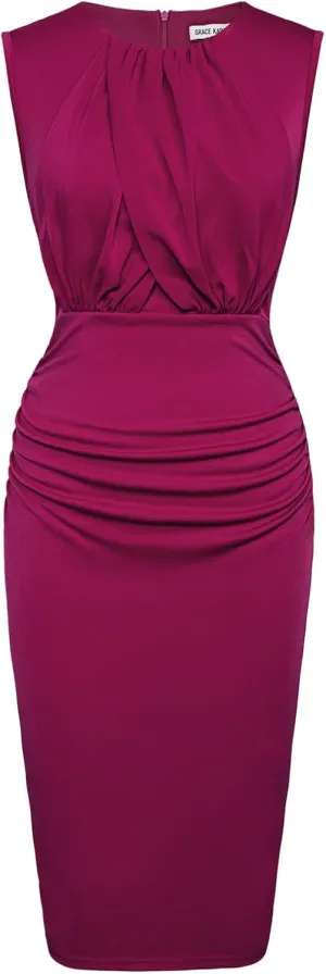 GRACE KARIN Women's Ruched Bodycon Dress Summer Sleeveless Front Drape Patchwork Crew Neck Midi Cocktail Dress
