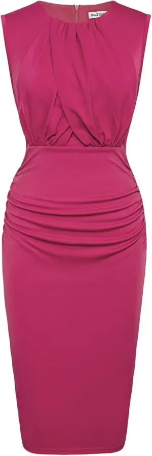 GRACE KARIN Women's Ruched Bodycon Dress Summer Sleeveless Front Drape Patchwork Crew Neck Midi Cocktail Dress