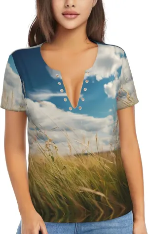 Grassland Autumn Printed Women's Slim deep V-Neck Short-Sleeved, Yoga Running Training Clothes