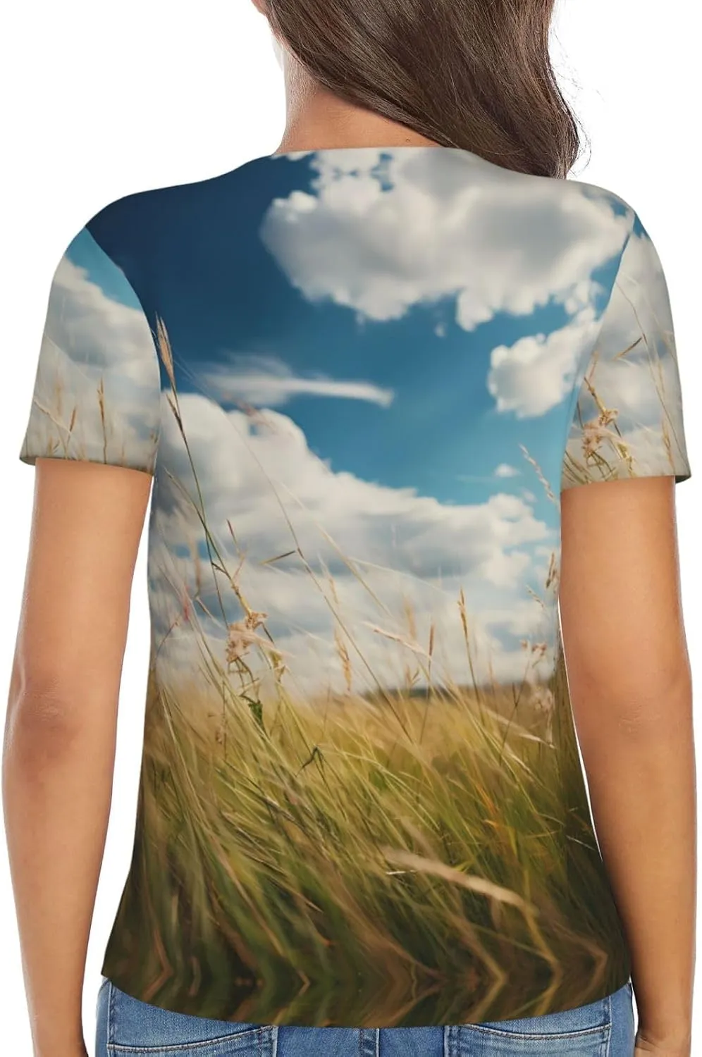 Grassland Autumn Printed Women's Slim deep V-Neck Short-Sleeved, Yoga Running Training Clothes