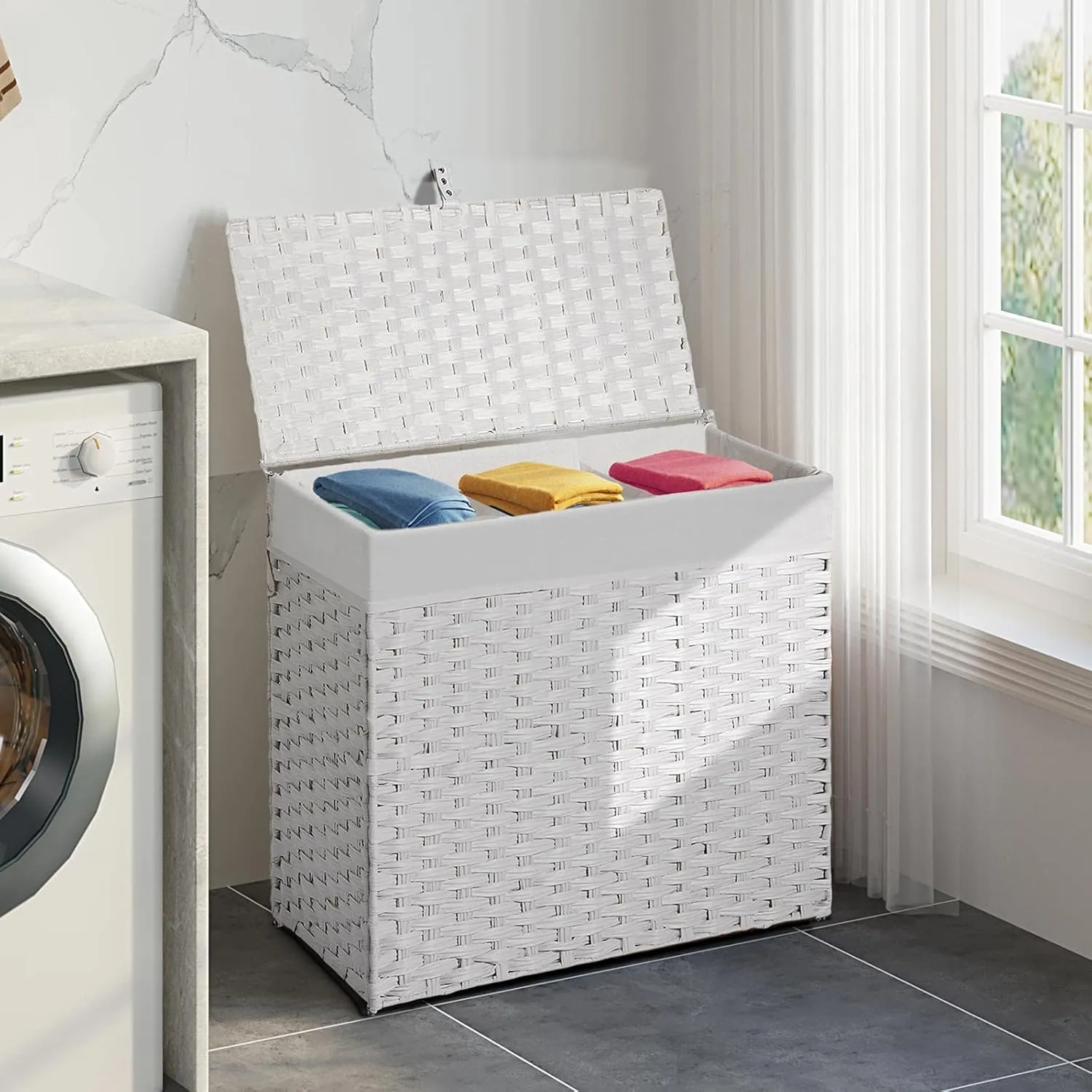 Greenstell Laundry Hamper with Lid, 125L Large Clothes Hamper with 3 Section & 2 Section Removable Liner Bags & 5 Mesh Laundry Bags, Handwoven Synthetic Rattan Divided Laundry Basket, White