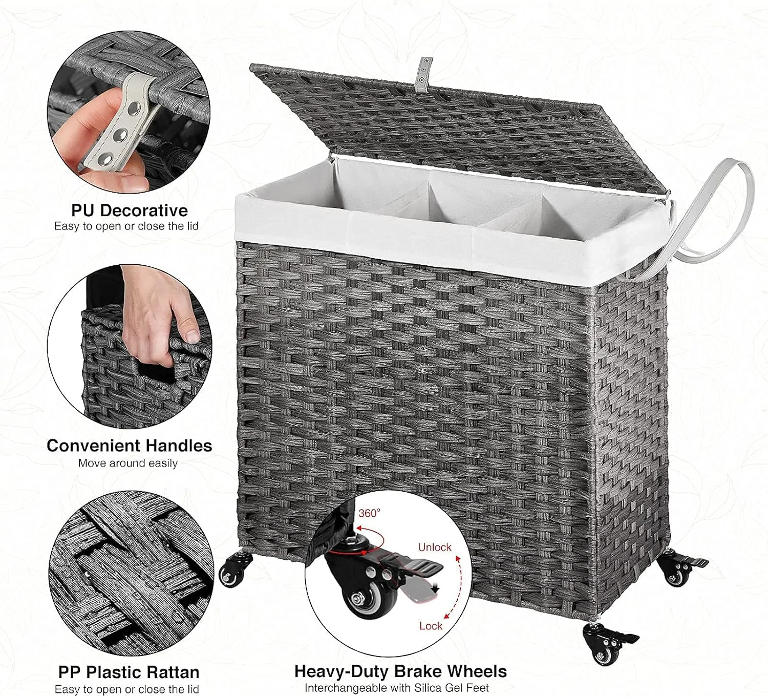 GREENSTELL Laundry Hamper with Wheels&Lid, 130L Large 3 Sections Clothes Hamper with 2 Types Removable Liner Bags, 5 Mesh Laundry Bags, Handwoven Divided Laundry Basket Gray