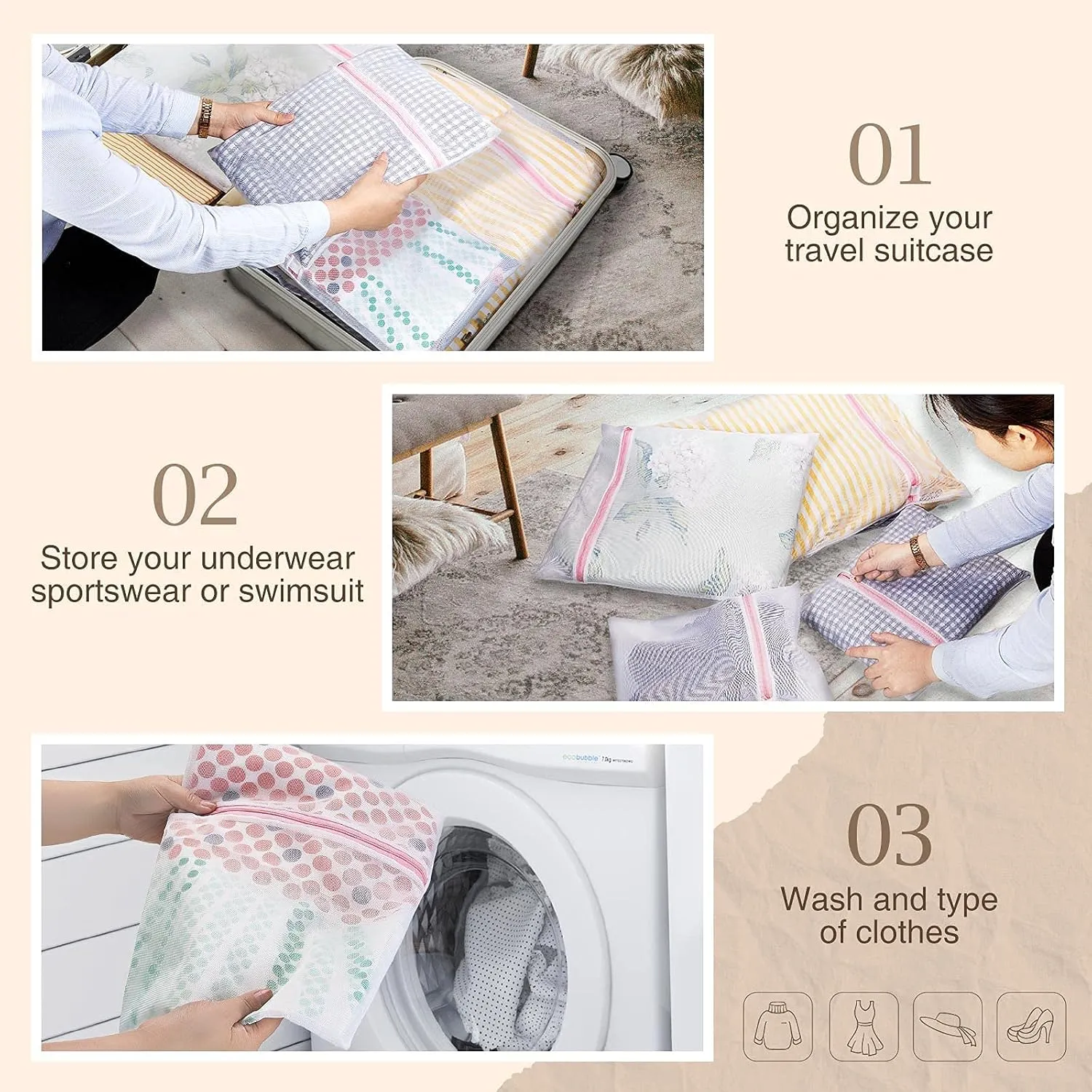 GREENSTELL Laundry Hamper with Wheels&Lid, 130L Large 3 Sections Clothes Hamper with 2 Types Removable Liner Bags, 5 Mesh Laundry Bags, Handwoven Divided Laundry Basket Gray