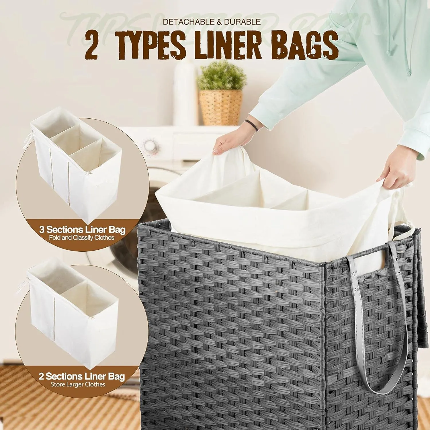 GREENSTELL Laundry Hamper with Wheels&Lid, 130L Large 3 Sections Clothes Hamper with 2 Types Removable Liner Bags, 5 Mesh Laundry Bags, Handwoven Divided Laundry Basket Gray