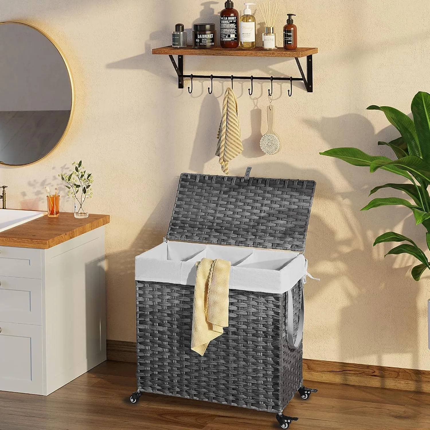 GREENSTELL Laundry Hamper with Wheels&Lid, 130L Large 3 Sections Clothes Hamper with 2 Types Removable Liner Bags, 5 Mesh Laundry Bags, Handwoven Divided Laundry Basket Gray