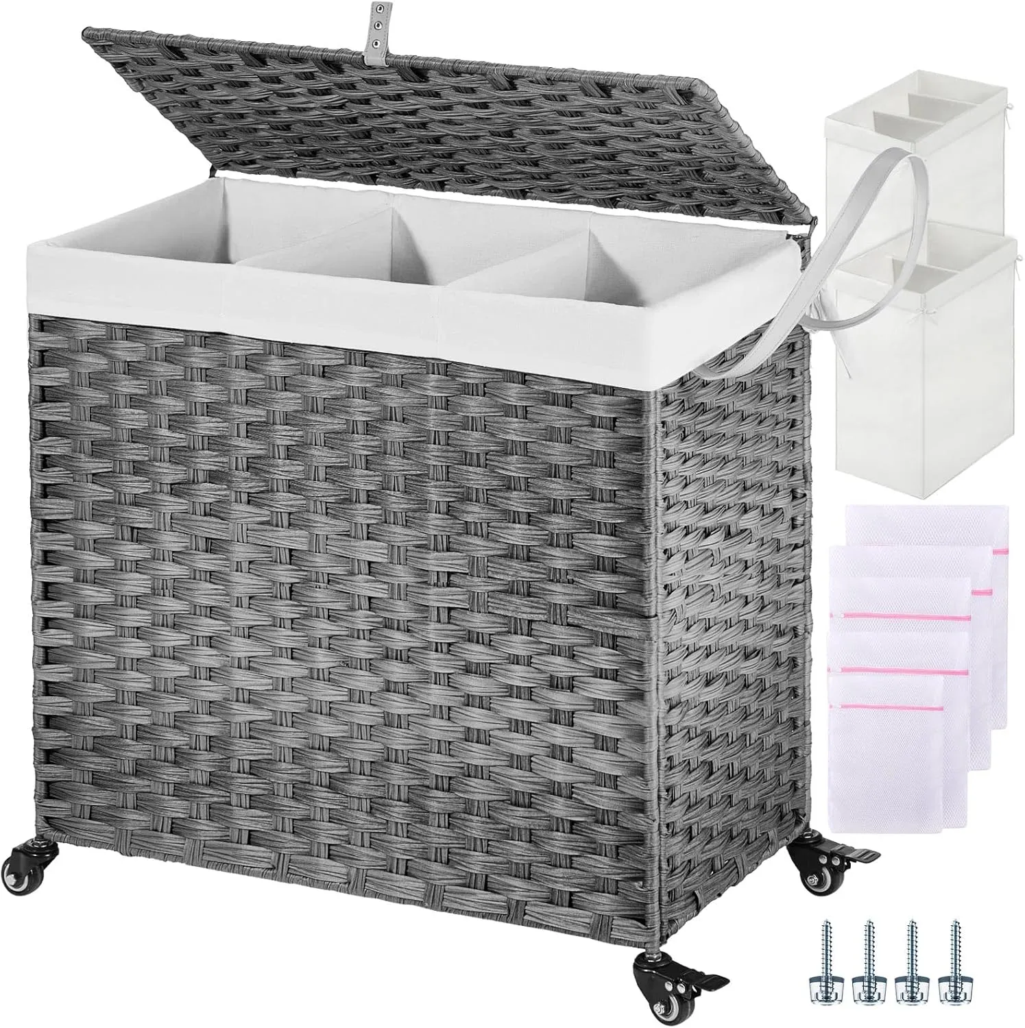 GREENSTELL Laundry Hamper with Wheels&Lid, 130L Large 3 Sections Clothes Hamper with 2 Types Removable Liner Bags, 5 Mesh Laundry Bags, Handwoven Divided Laundry Basket Gray