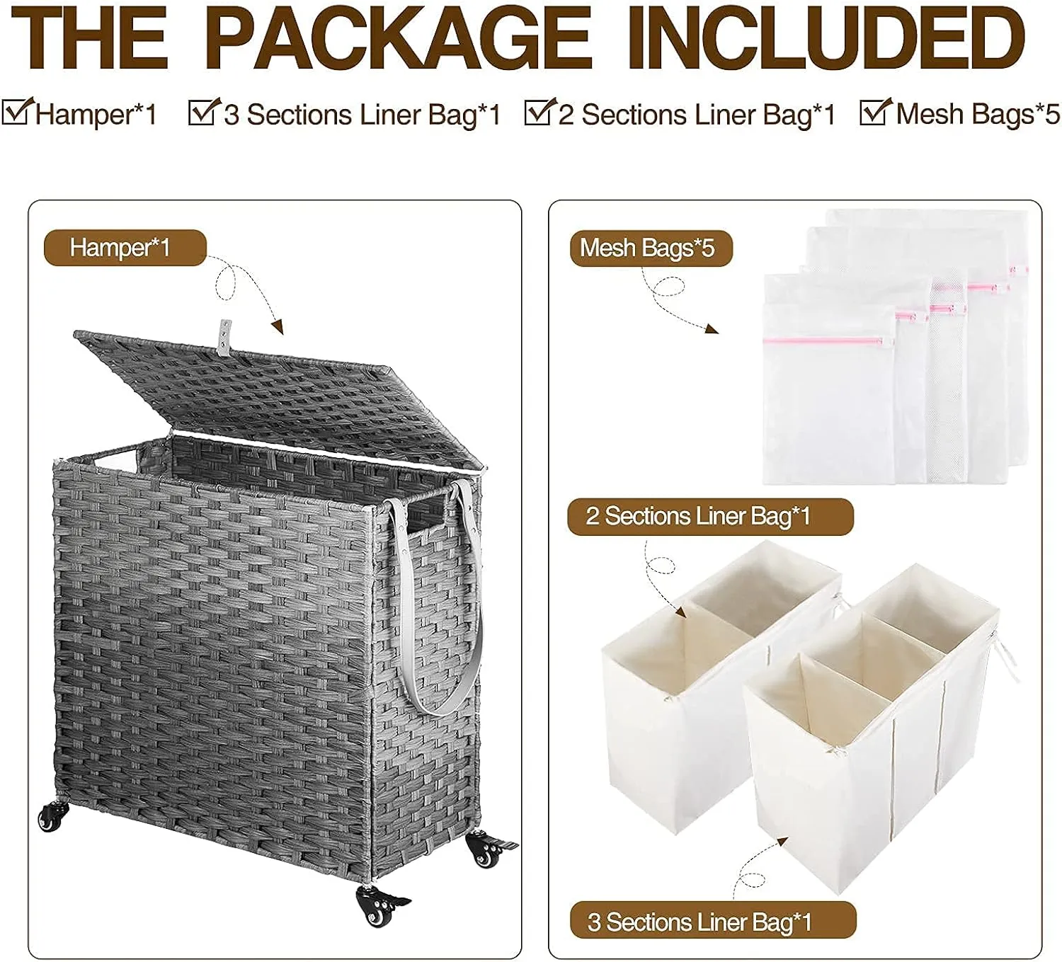 GREENSTELL Laundry Hamper with Wheels&Lid, 130L Large 3 Sections Clothes Hamper with 2 Types Removable Liner Bags, 5 Mesh Laundry Bags, Handwoven Divided Laundry Basket Gray