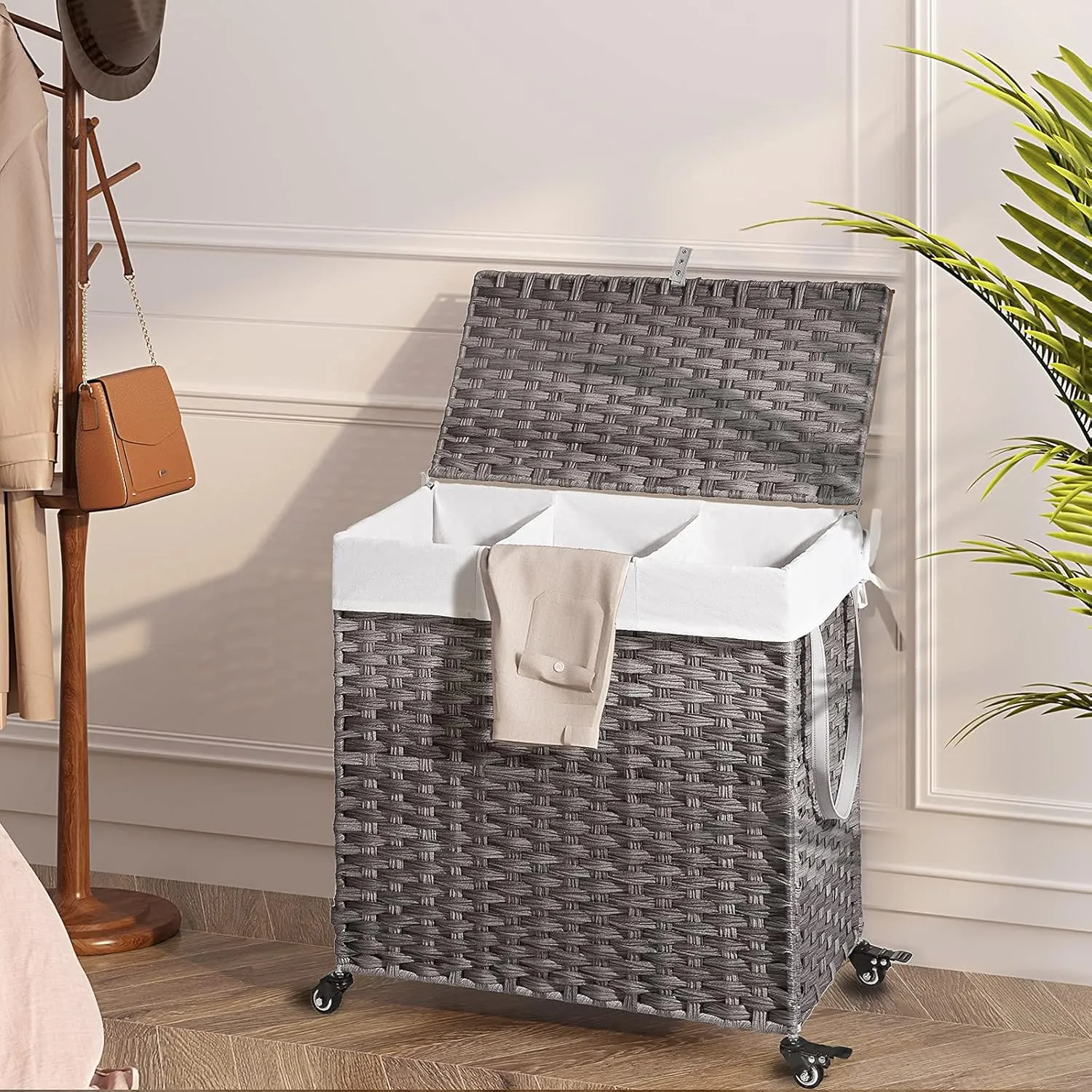 GREENSTELL Laundry Hamper with Wheels&Lid, 130L Large 3 Sections Clothes Hamper with 2 Types Removable Liner Bags, 5 Mesh Laundry Bags, Handwoven Divided Laundry Basket Gray