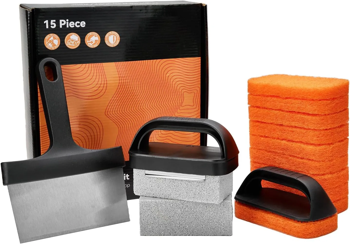 Griddle Cleaning Kit for Blackstone, 15-Pieces Flat Top Grill Accessories Cleaner Tool Set - Scraper, Cleaning Brick, Scouring Pads, and Cleaning Handles, Easy Cleaning on Hot or Cold Surfaces