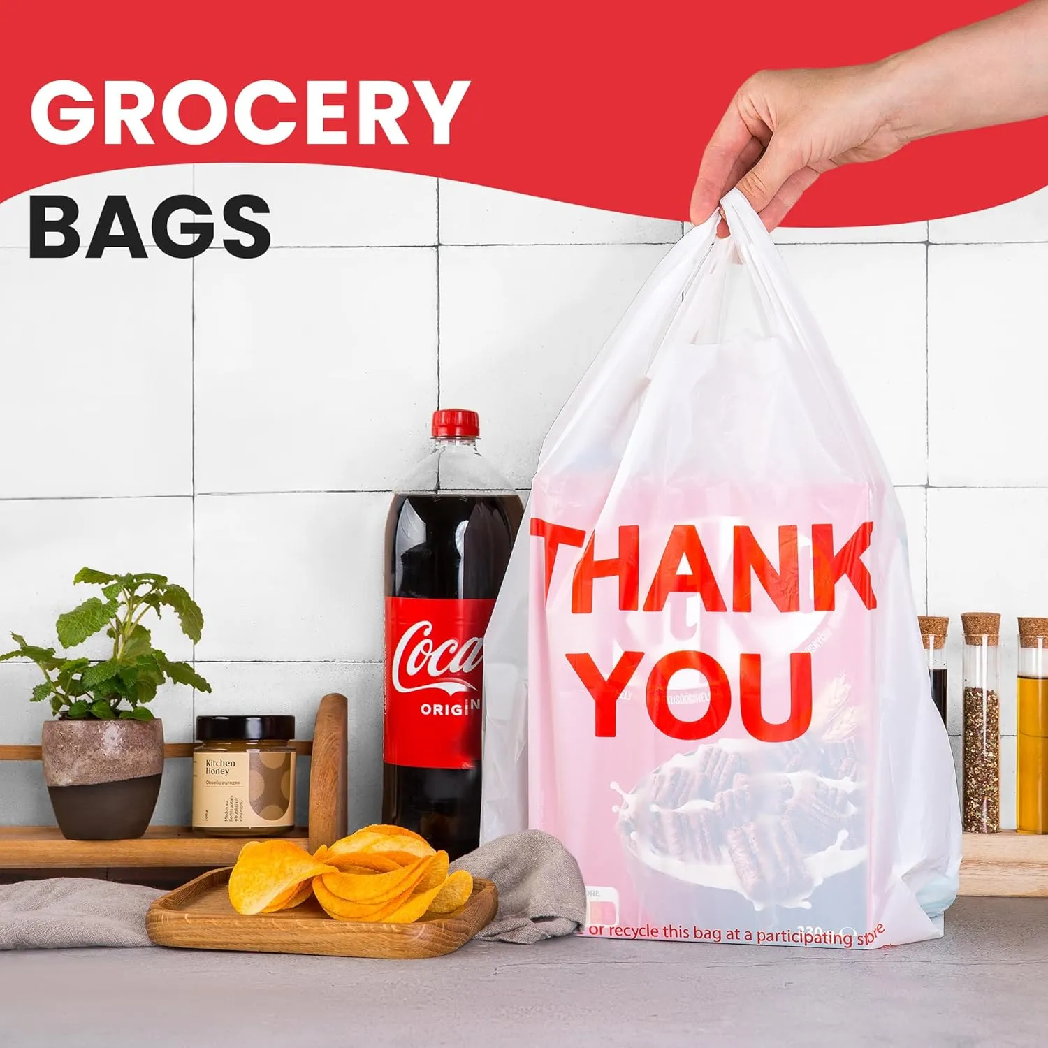 Grocery Plastic Bags 300 Count White (11"x6"x21") Store Bags And Great Plastic Shopping Bags Bulk