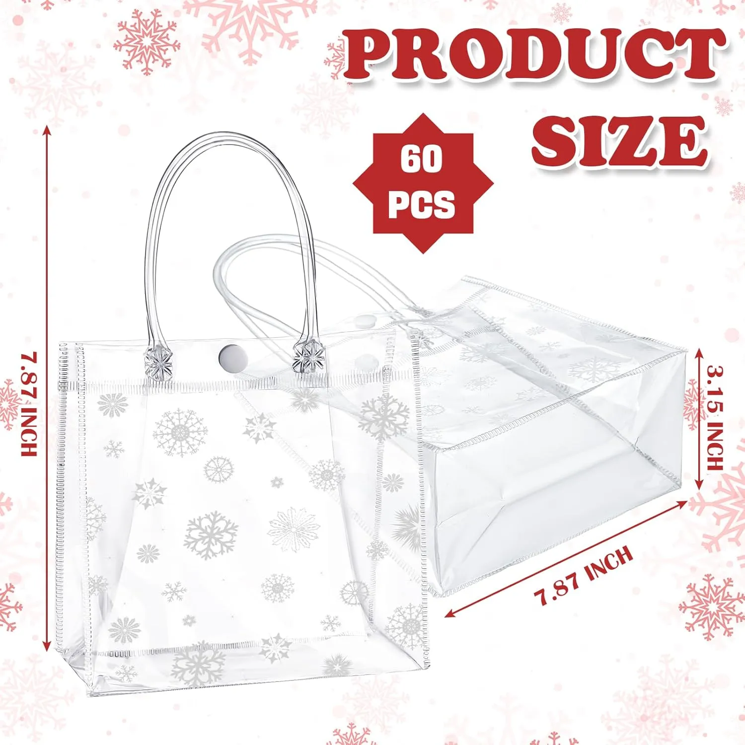 Gueevin 60 Pcs Christmas Clear Gift Bags with Handles Bulk Plastic Candy Treat Snowflake Party Gift Bags PVC Wine Tote for Wedding Birthday Party Favor(7.87 x 7.87 x 3.15 Inch)