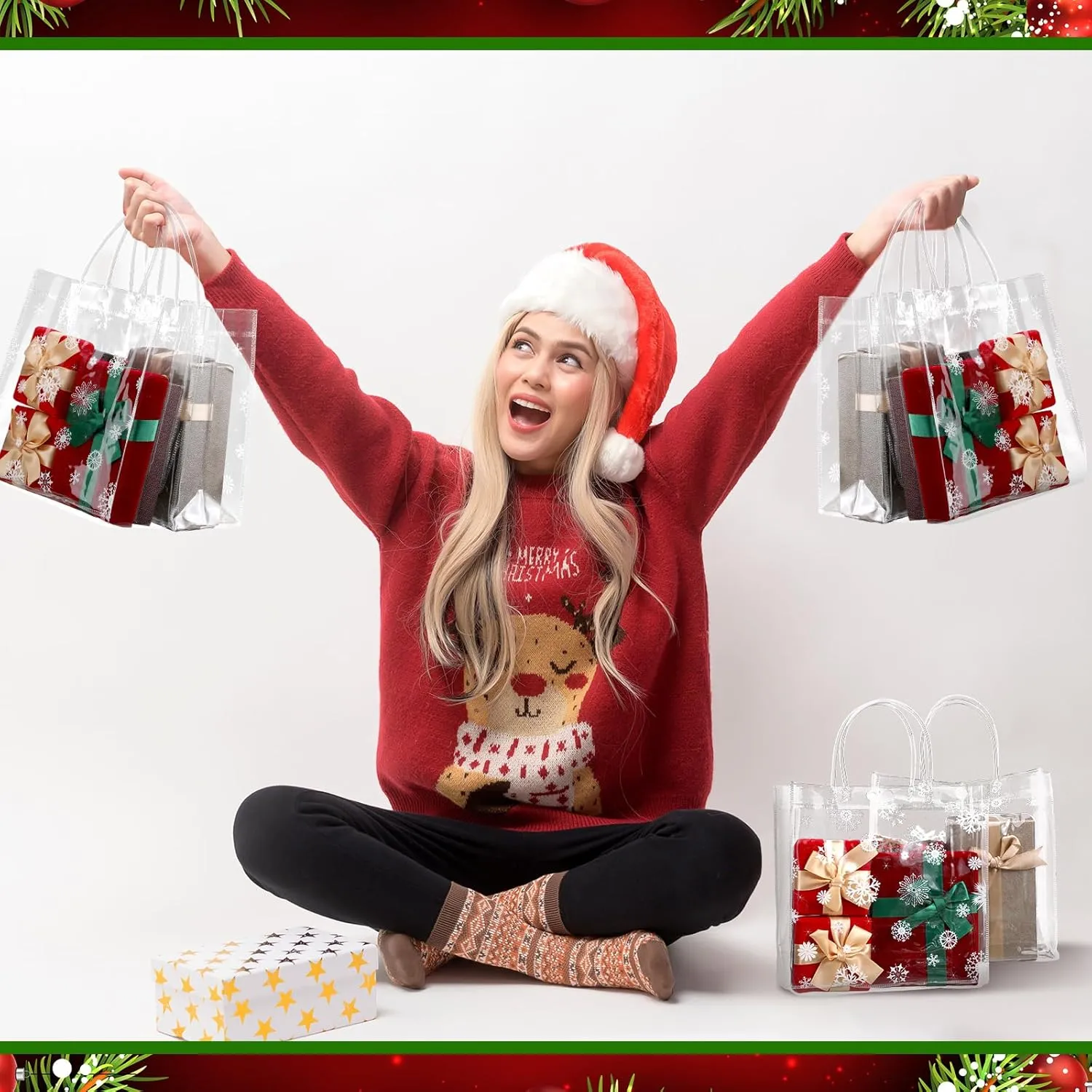 Gueevin 60 Pcs Christmas Clear Gift Bags with Handles Bulk Plastic Candy Treat Snowflake Party Gift Bags PVC Wine Tote for Wedding Birthday Party Favor(7.87 x 7.87 x 3.15 Inch)