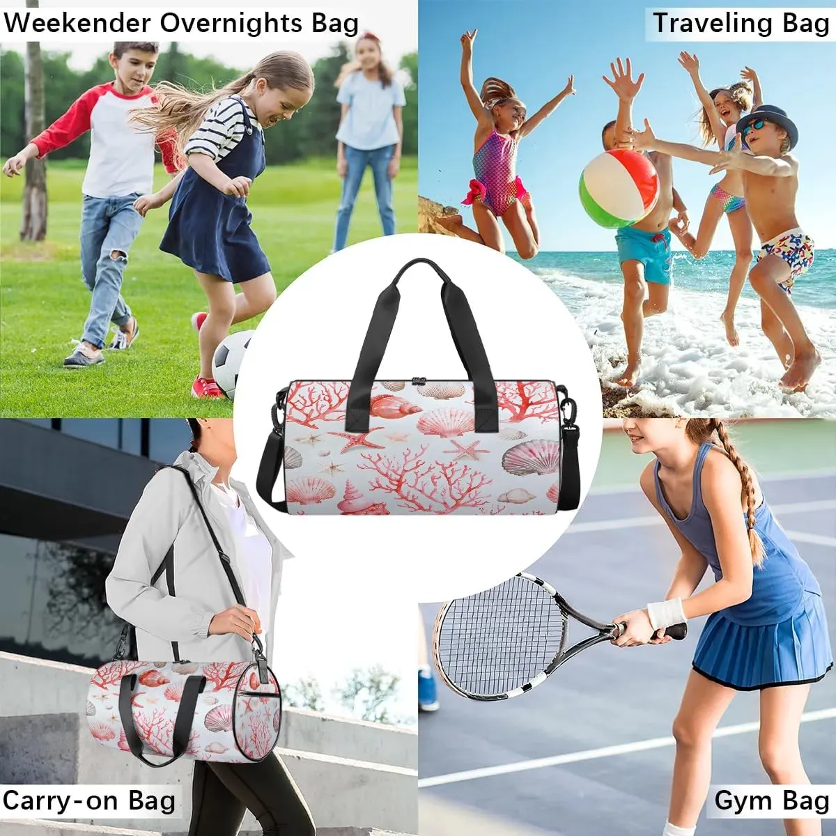 Gym Bags for Men Women Corals Shells Sports Duffel Bags Carry On Travel Duffle Bag with Detachable Adjustable Shoulder Strap Overnight Weekender Bag