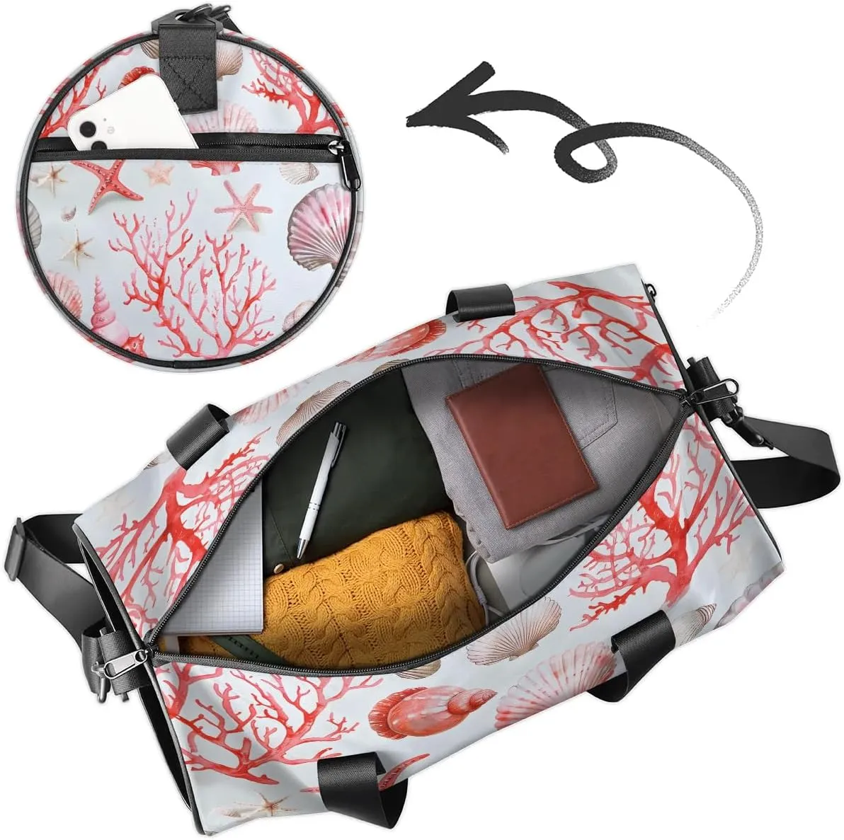 Gym Bags for Men Women Corals Shells Sports Duffel Bags Carry On Travel Duffle Bag with Detachable Adjustable Shoulder Strap Overnight Weekender Bag