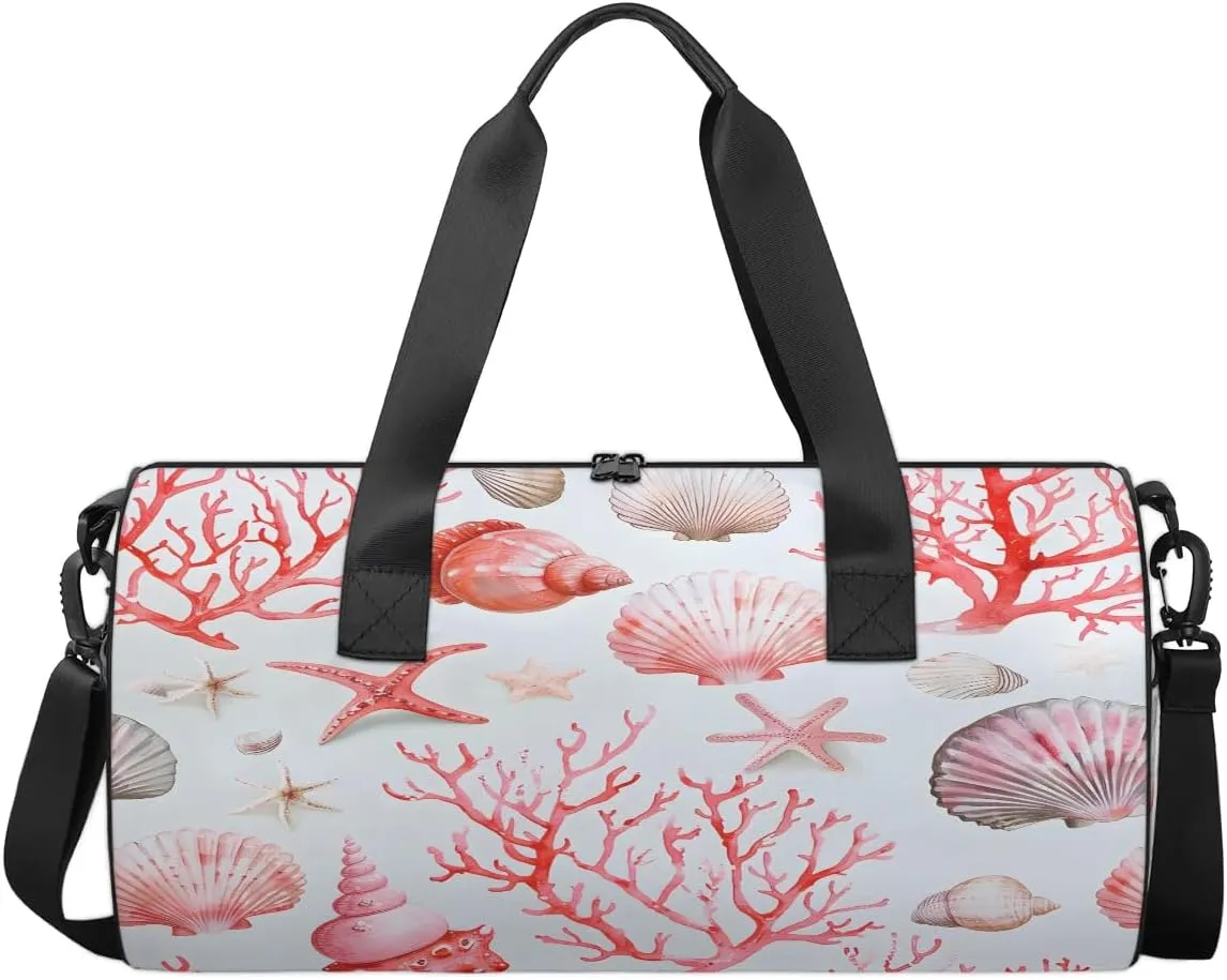 Gym Bags for Men Women Corals Shells Sports Duffel Bags Carry On Travel Duffle Bag with Detachable Adjustable Shoulder Strap Overnight Weekender Bag