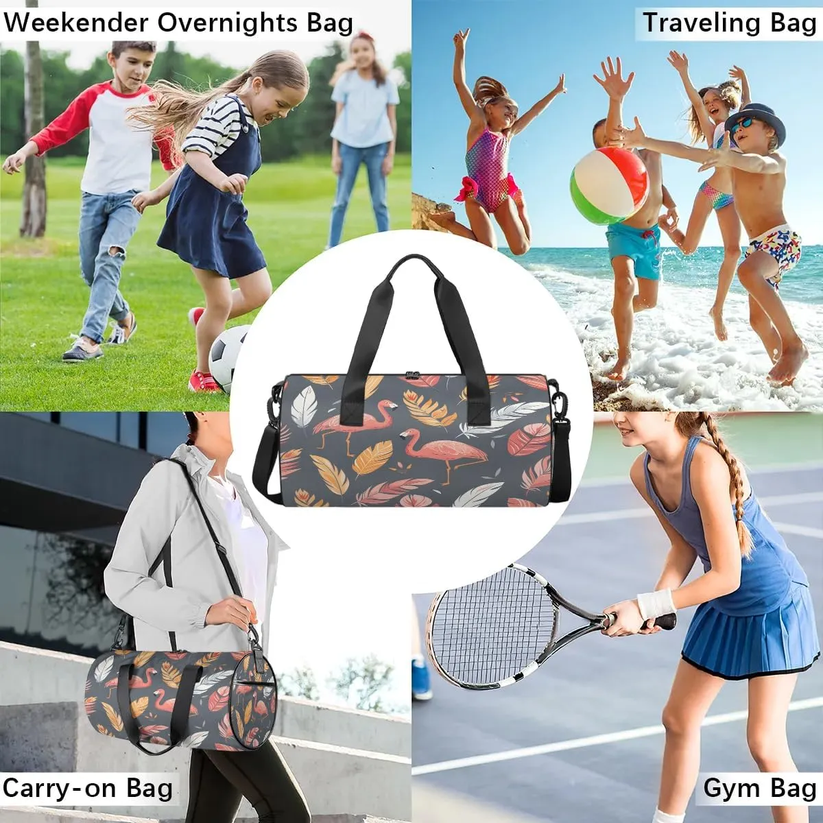 Gym Bags for Men Women Flamingo Feathers Sports Duffel Bags Carry On Travel Duffle Bag with Detachable Adjustable Shoulder Strap Overnight Weekender Bag