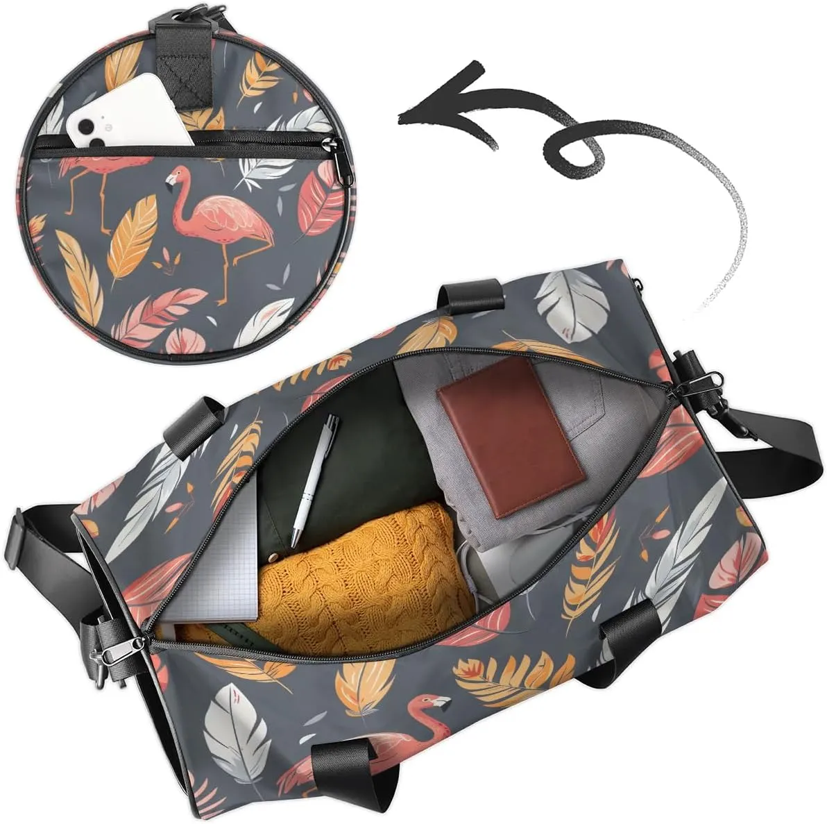Gym Bags for Men Women Flamingo Feathers Sports Duffel Bags Carry On Travel Duffle Bag with Detachable Adjustable Shoulder Strap Overnight Weekender Bag