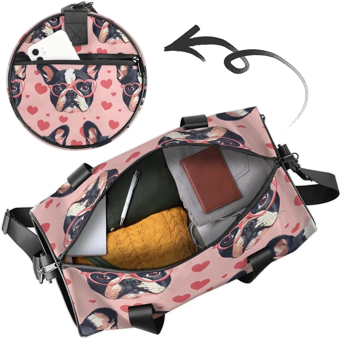 Gym Bags for Men Women Sweet Dogs Hearts Sports Duffel Bags Carry On Travel Duffle Bag with Detachable Adjustable Shoulder Strap Overnight Weekender Bag