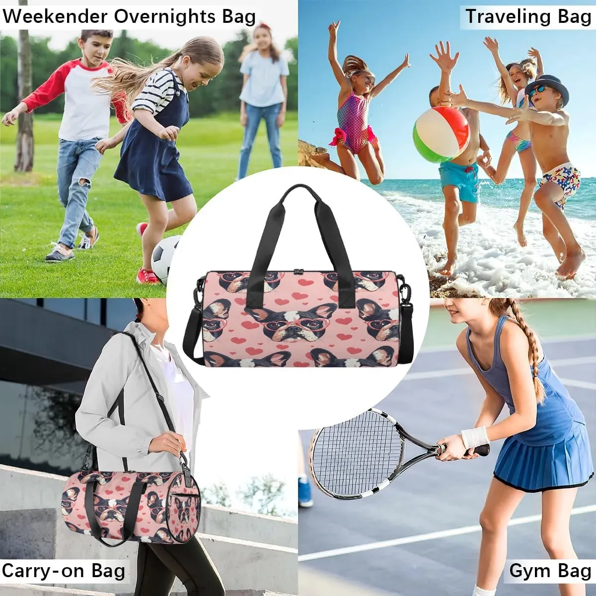 Gym Bags for Men Women Sweet Dogs Hearts Sports Duffel Bags Carry On Travel Duffle Bag with Detachable Adjustable Shoulder Strap Overnight Weekender Bag