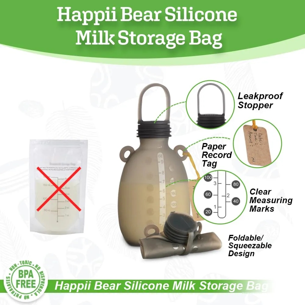 Haakaa Happii Bear Silicone Breast Milk Storage Bag 9oz- Refillable Baby Food Squeeze Pouch - Breastmilk Storage Container Reusable Freezer Bag -No Leak BPA Free -2PK