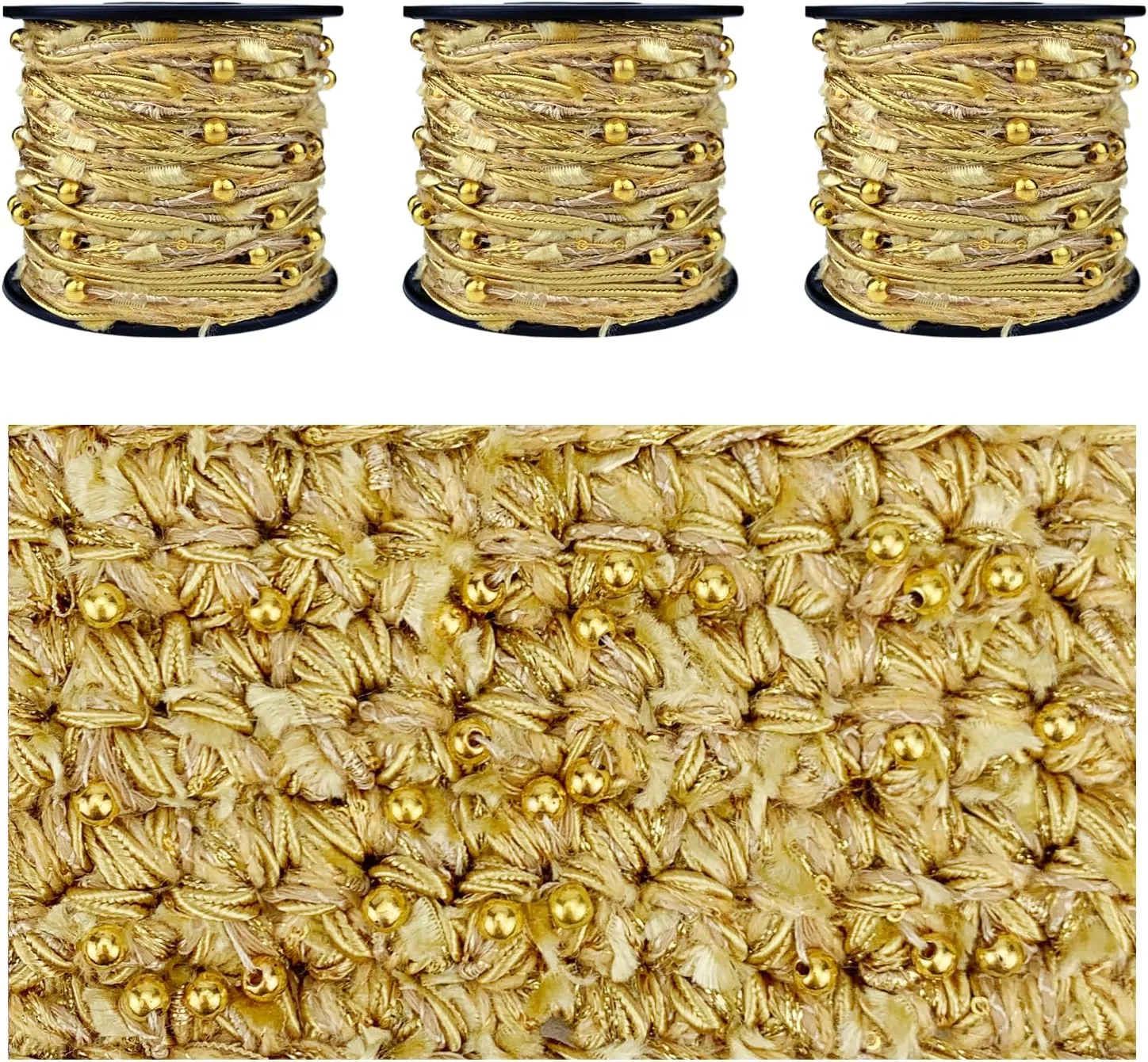 Hand-Blended Multifiber Multicolored Fancy Yarn with Golden Beads for Knitting Crocheting Crafts DIY, Set of 3 Rolls (Golden Beads)
