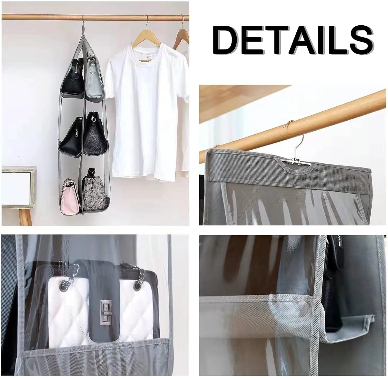 Handbag Purse Organizer, 2 Pcs,8 Pockets, Upgrade Dust Proof Purse Organizer Closet, Wardrobe Closet Organizer, Washable Handbag Organizer for Women Handbags Purse (Gray 8 Pocket)