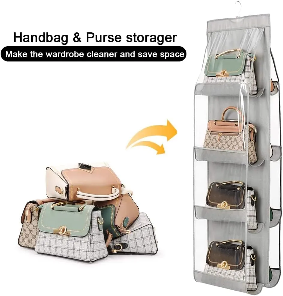 Handbag Purse Organizer, 2 Pcs,8 Pockets, Upgrade Dust Proof Purse Organizer Closet, Wardrobe Closet Organizer, Washable Handbag Organizer for Women Handbags Purse (Gray 8 Pocket)