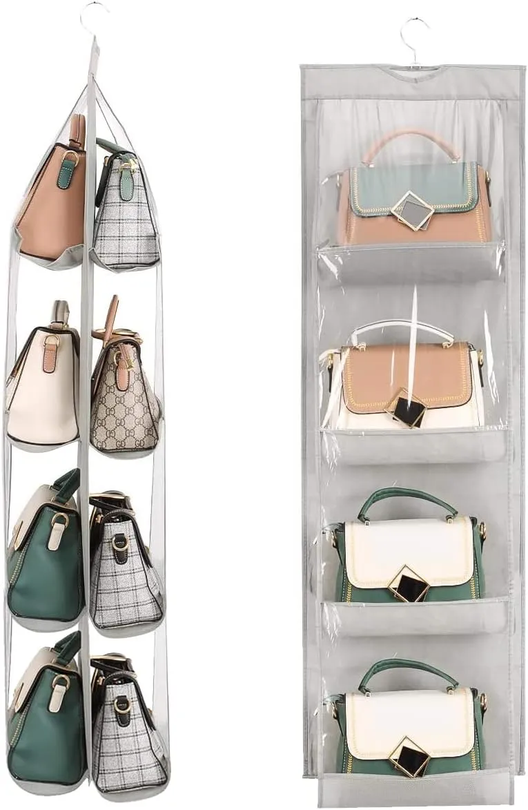 Handbag Purse Organizer, 2 Pcs,8 Pockets, Upgrade Dust Proof Purse Organizer Closet, Wardrobe Closet Organizer, Washable Handbag Organizer for Women Handbags Purse (Gray 8 Pocket)