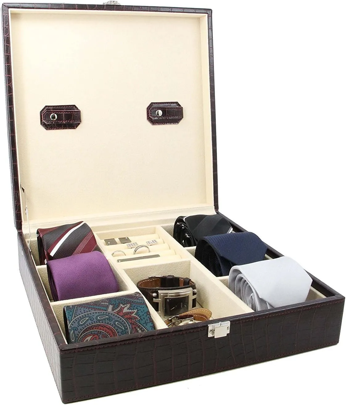 Handcrafted Crocodile Leather Tie Box and Cufflink Storage Box for Men – Seal Brown