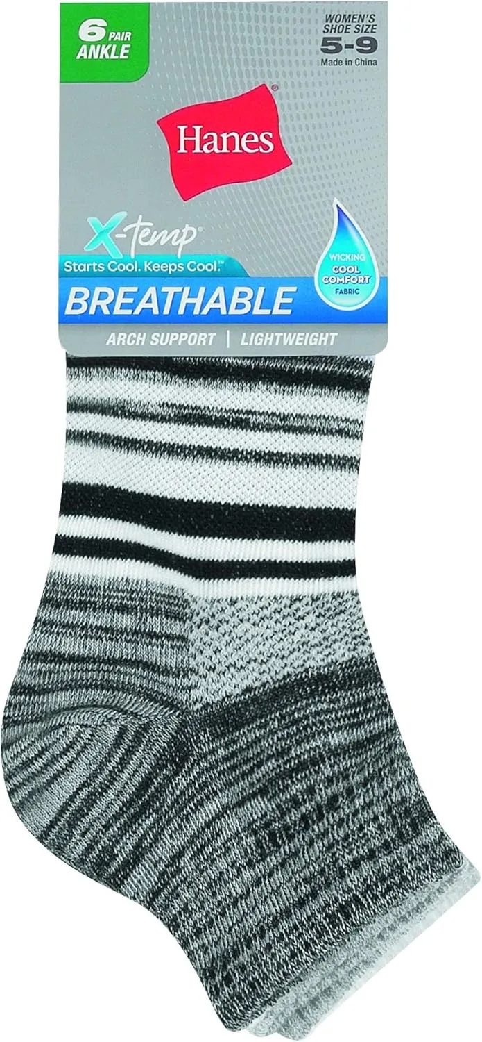 Hanes Women's 6-Pair Lightweight Breathable Ventilation Ankle Socks