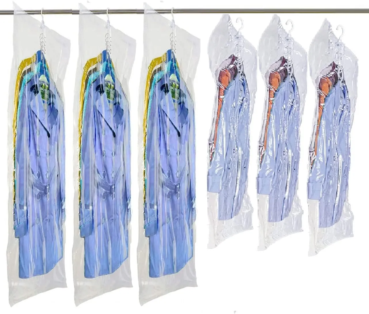 Hanging Vacuum Space Saver Bags 6 Pack, Closet Organizer Storage Bags, Vacuum Seal Clear Bags for Clothes, Suits, Dress or Jackets