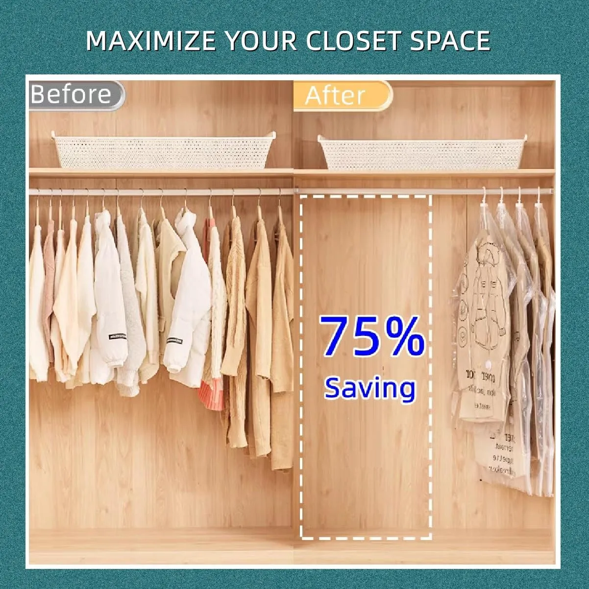 Hanging Vacuum Space Saver Bags 6 Pack, Closet Organizer Storage Bags, Vacuum Seal Clear Bags for Clothes, Suits, Dress or Jackets
