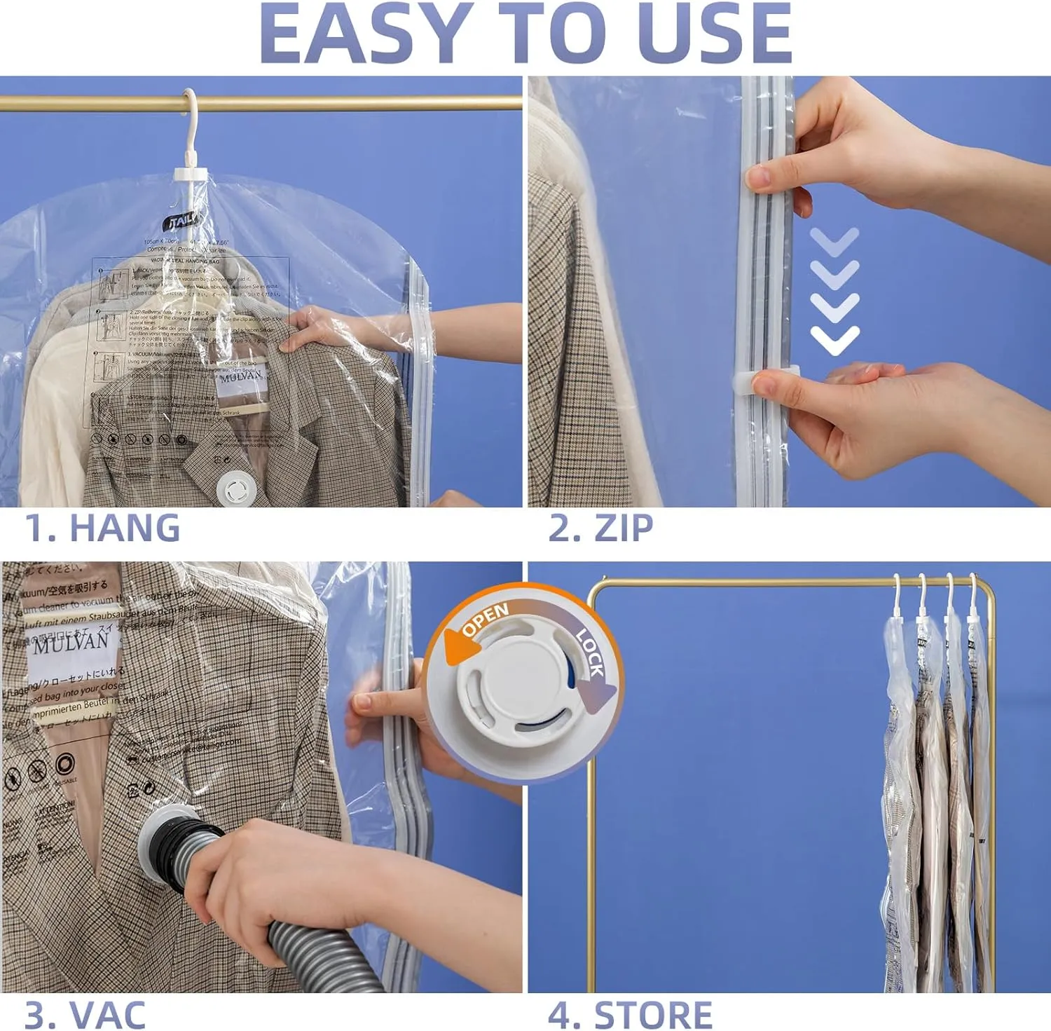 Hanging Vacuum Storage Bags, 4 Pack (41.3 x27.6 inch), Vacuum Seal bags for Clothing, Space Saver Garment for Short Clothes, Jacket, Suits, Dresses, Closet Oragnization and Storage