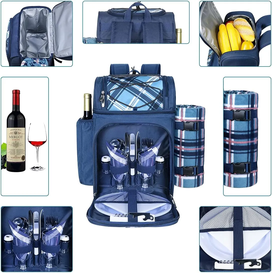 Hap Tim Picnic Basket Backpack for 2 Person with 2 Insulated Cooler Compartment, Wine Holder, Fleece Blanket, Cutlery Set, Gifts Ideals for Wedding, Housewarming, White Elephant, Bridal Showers