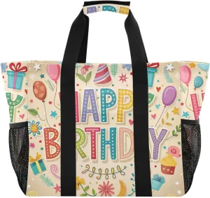 Happy Birthday Beige Large Tote Bags for Women Canvas Tote Purse Reusable Grocery Bags Top Handle Handbags for Travel, Work