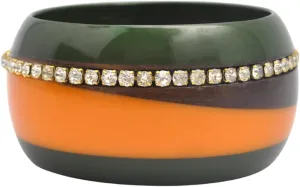 Happy Mood - Handmade Joinery Art Fashion Bangle in Forest Green - Orange Resin & Textured Sisso Wood Inlaid With Sparkling Swarovski Crystals Chain Jewelry Gifts Mothers Day.