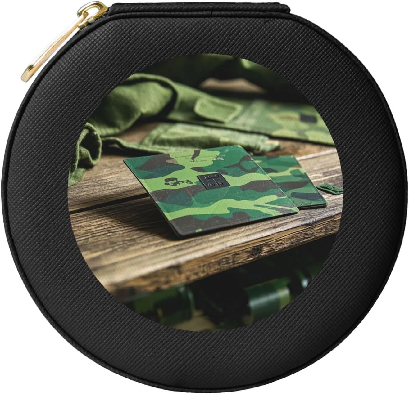 Hardwoods Green Print Round Leather Jewelry Box,Portable Mini Jewelry Home or Travel Storage Box,Used to Store Rings,Earrings,Necklaces,and Bracelets
