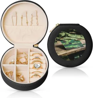 Hardwoods Green Print Round Leather Jewelry Box,Portable Mini Jewelry Home or Travel Storage Box,Used to Store Rings,Earrings,Necklaces,and Bracelets